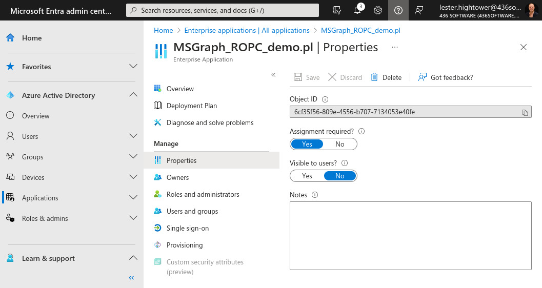 Screenshot of the Enterprise App Properties Tab